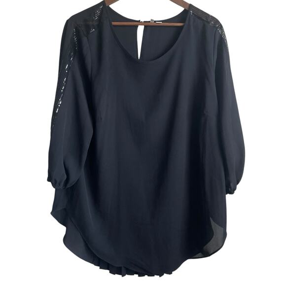 Cato Women Top 14/16 Black Sequin Trim Pleated Back Whimsigoth Fairy Girly Flowy - Picture 1 of 12